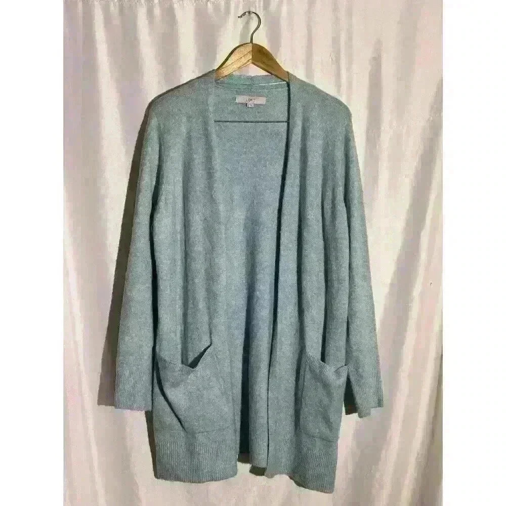 Loft Sweater Women's‎ XL Blue Cardigan Open Front Long Patch Pockets